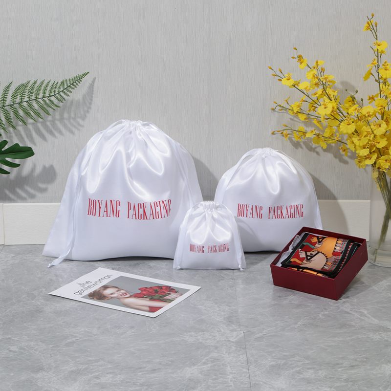 Wholesale Custom Logo Printed White Medium Silk Satin Drawstring Dust Purse Bags For Handbags