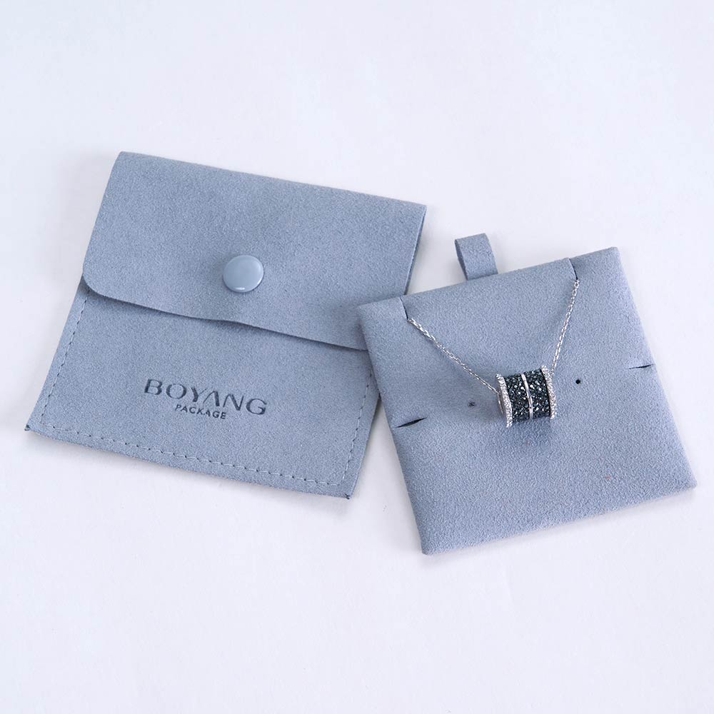 Custom print suede jewelry bag packaging snap button microfiber jewellery pouches with insert